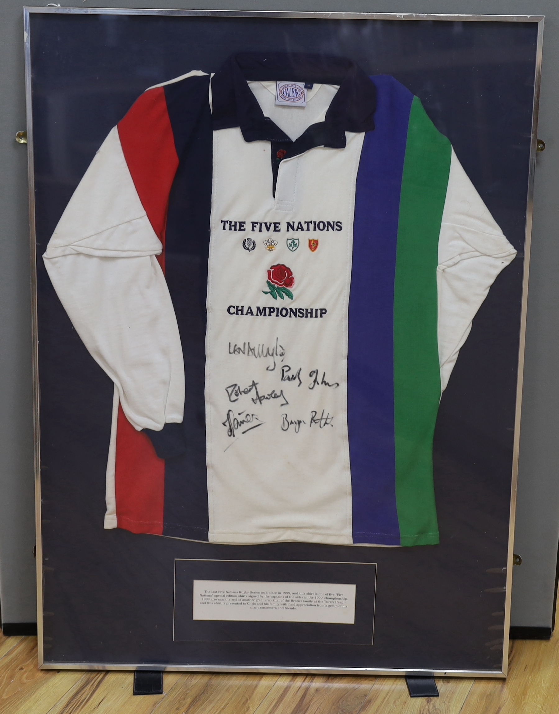 A framed 1999 Five Nations special edition signed rugby shirt, 82cm wide x 103cm high, including frame